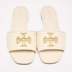 Tory Burch Cream Leather Eleanor Flat Slides Size 39.5