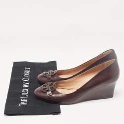 Pre Owned Tory Burch Burgundy Leather Wedge Pumps Size 40
