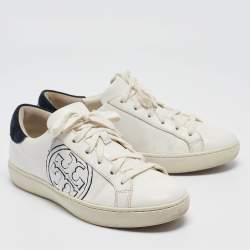 Tory Burch White/Navy Blue Leather and Suede T-Logo Sneakers Size 38