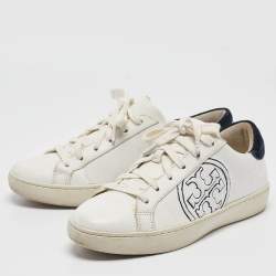 Tory Burch White/Navy Blue Leather and Suede T-Logo Sneakers Size 38