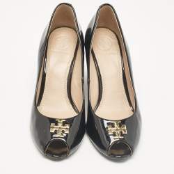 Tory Burch Black Patent Leather Jade Wedge Pumps Size 36.5