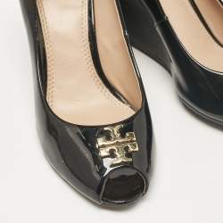 Tory Burch Black Patent Leather Jade Wedge Pumps Size 36.5