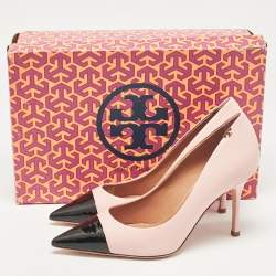 Pre Owned Tory Burch Pink/Black Leather Penelope Pointed Toe Pumps 37
