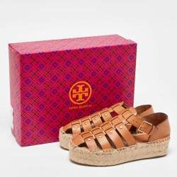 Pre Owned Tory Burch Brown Leather Espadrille Sandals Size 35.5