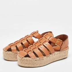 Pre Owned Tory Burch Brown Leather Espadrille Sandals Size 35.5