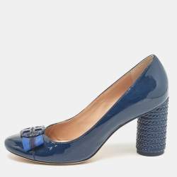 Tory Burch Blue Patent Leather Janey Block Heel Pumps Size 40