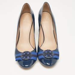 Tory Burch Blue Patent Leather Janey Block Heel Pumps Size 40