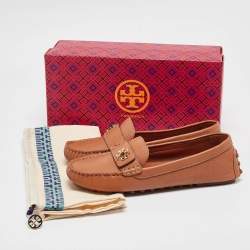 Pre Owned Tory Burch Brown Leather Kira Slip On Loafers Size 37.5