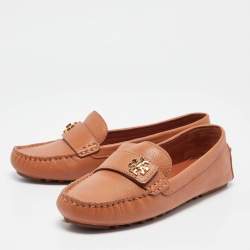 Pre Owned Tory Burch Brown Leather Kira Slip On Loafers Size 37.5