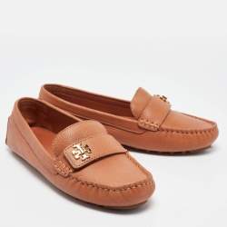 Pre Owned Tory Burch Brown Leather Kira Slip On Loafers Size 37.5