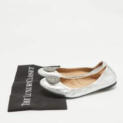 Pre Owned Tory Burch Silver Leather Reva Crystals Ballet Flats Size 37.5