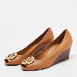 Tory Burch Brown Leather Sally 2 Wedge Pumps Size 39