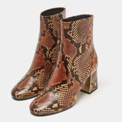 Tory Burch Brown Python Embossed Leather Ankle Length Boots 37