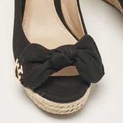 Tory Burch Black Canvas Peep Toe Wedge Pumps Size 36.5