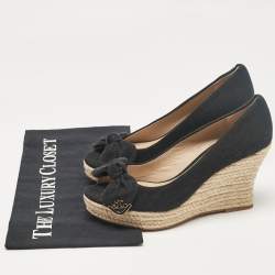 Tory Burch Black Canvas Peep Toe Wedge Pumps Size 36.5