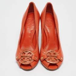 Tory Burch Orange Leather Wedge Sandals Size 37