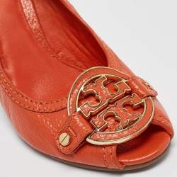 Tory Burch Orange Leather Wedge Sandals Size 37