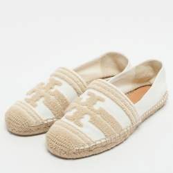 Pre Owned Tory Burch White Canvas Espadrille Flats Size 36.5