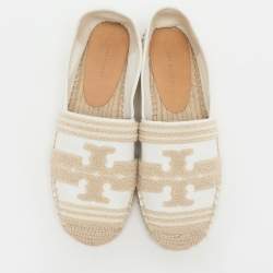 Pre Owned Tory Burch White Canvas Espadrille Flats Size 36.5