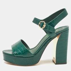 Pre Owned Tory Burch Green Croc Embossed Leather Ankle Strap Sandals Size 39.5