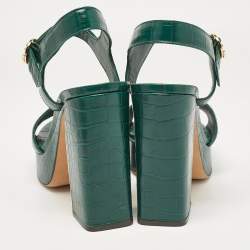 Pre Owned Tory Burch Green Croc Embossed Leather Ankle Strap Sandals Size 39.5