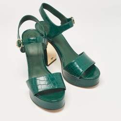 Pre Owned Tory Burch Green Croc Embossed Leather Ankle Strap Sandals Size 39.5