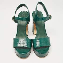 Pre Owned Tory Burch Green Croc Embossed Leather Ankle Strap Sandals Size 39.5