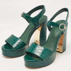 Pre Owned Tory Burch Green Croc Embossed Leather Ankle Strap Sandals Size 39.5