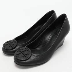 Tory Burch Black Leather Sally Wedge Pumps Size 36.5