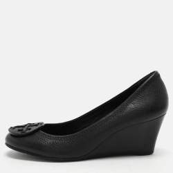 Tory Burch Black Leather Sally Wedge Pumps Size 36.5