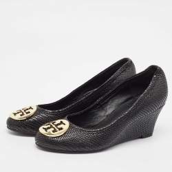 Tory Burch Black Textured Leather Sally Wedge Pumps Size 38.5