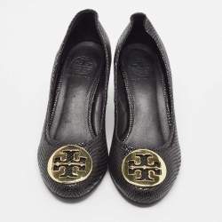 Tory Burch Black Textured Leather Sally Wedge Pumps Size 38.5