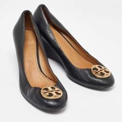 Tory Burch Black Leather Sally Wedge Pumps Size 37