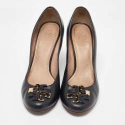 Tory Burch Black Leather Lowell Wedge Pumps Size 38.5