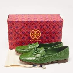 Tory Burch Green Croc Embossed Leather Georgia Loafers Size 38.5