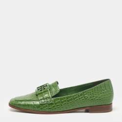 Tory Burch Green Croc Embossed Leather Georgia Loafers Size 38.5