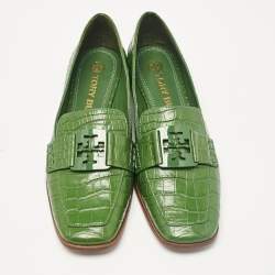 Tory Burch Green Croc Embossed Leather Georgia Loafers Size 38.5