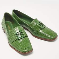 Tory Burch Green Croc Embossed Leather Georgia Loafers Size 38.5