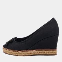 Pre Owned Tory Burch Black Canvas Wedge Pumps Size 37