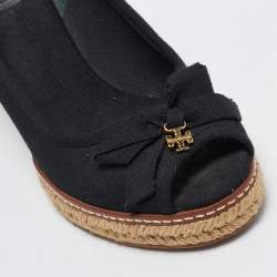 Pre Owned Tory Burch Black Canvas Wedge Pumps Size 37