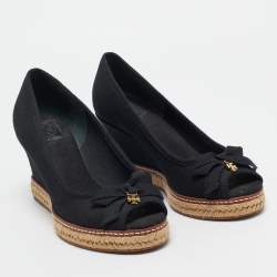 Pre Owned Tory Burch Black Canvas Wedge Pumps Size 37