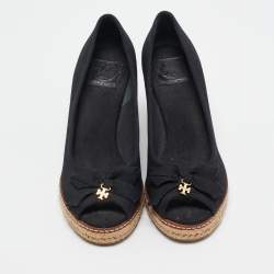 Pre Owned Tory Burch Black Canvas Wedge Pumps Size 37