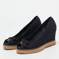 Pre Owned Tory Burch Black Canvas Wedge Pumps Size 37