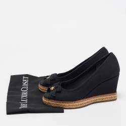 Pre Owned Tory Burch Black Canvas Wedge Pumps Size 37