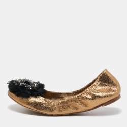 Pre Owned Tory Burch Metallic Textured Leather Embellished Flower Applique Scrunch Ballet Flats Size 38