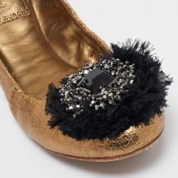 Pre Owned Tory Burch Metallic Textured Leather Embellished Flower Applique Scrunch Ballet Flats Size 38