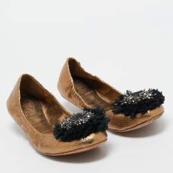 Pre Owned Tory Burch Metallic Textured Leather Embellished Flower Applique Scrunch Ballet Flats Size 38