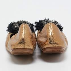 Pre Owned Tory Burch Metallic Textured Leather Embellished Flower Applique Scrunch Ballet Flats Size 38