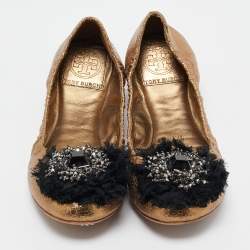 Pre Owned Tory Burch Metallic Textured Leather Embellished Flower Applique Scrunch Ballet Flats Size 38