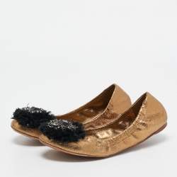 Pre Owned Tory Burch Metallic Textured Leather Embellished Flower Applique Scrunch Ballet Flats Size 38